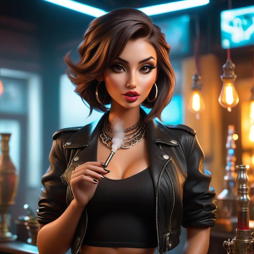  Girl, hair dark, hairstyle brown, wearing a black top and jean shorts with a black leather jacket, girl smoking hookah. add instead of a glass in her hands hookah, hookah pipe, smoke. hyperrealistic, full body, detailed clothing, highly detailed, cinematic lighting, stunningly beautiful, intricate, sharp focus, f/1. 8, 85mm, (centered image composition), (professionally color graded), ((bright soft diffused light)), volumetric fog, trending on instagram, trending on tumblr, HDR 4K, 8K