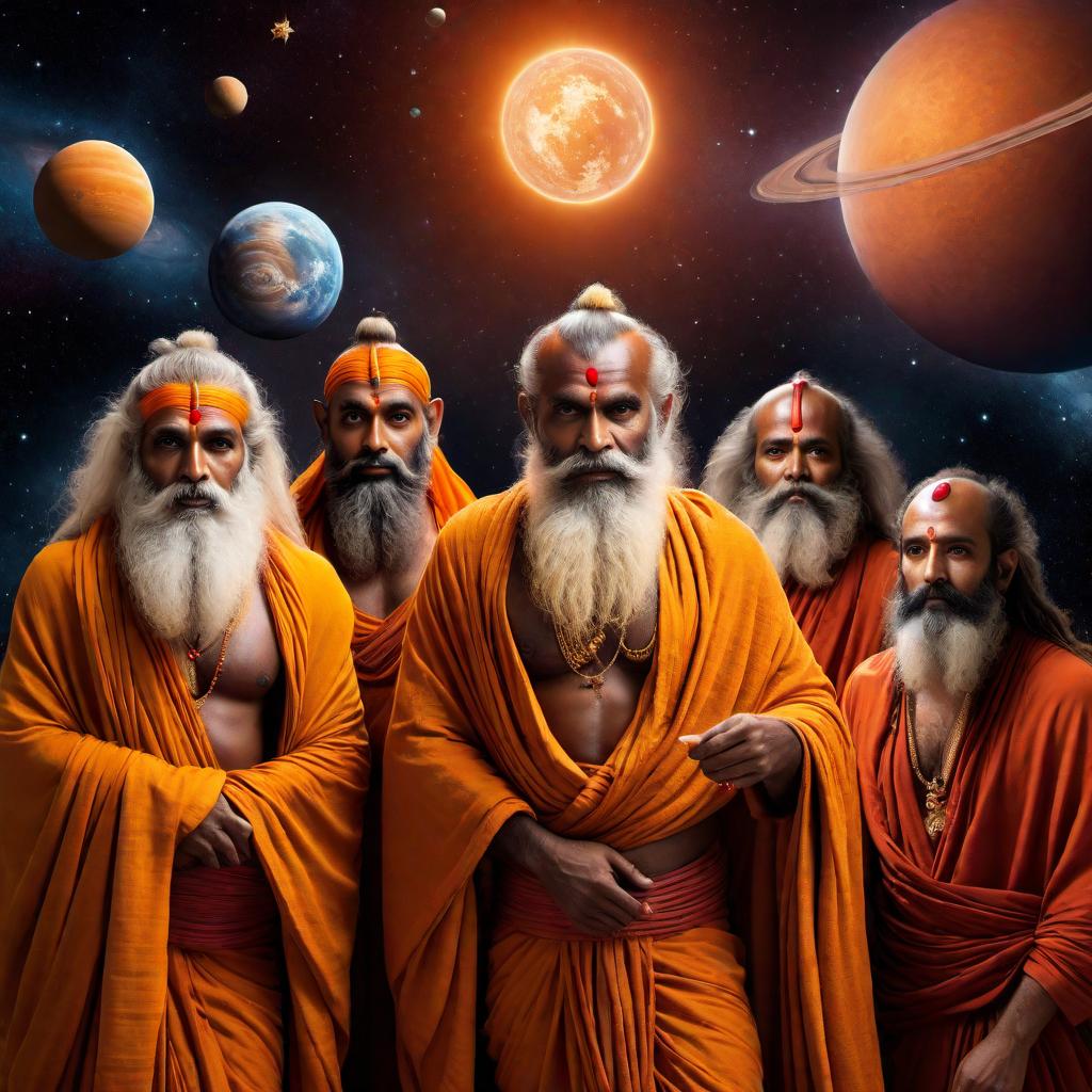  A depiction of a group of sadhus, dressed in traditional saffron robes, peacefully flying through outer space surrounded by stars and planets. The sadhus have serene expressions on their faces as they float gracefully in the cosmic void. hyperrealistic, full body, detailed clothing, highly detailed, cinematic lighting, stunningly beautiful, intricate, sharp focus, f/1. 8, 85mm, (centered image composition), (professionally color graded), ((bright soft diffused light)), volumetric fog, trending on instagram, trending on tumblr, HDR 4K, 8K