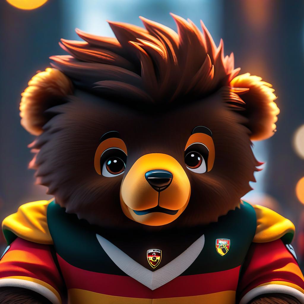  ethereal fantasy concept art of (Mascot):teddy bear, soft toy, football, game, mascot. (Appearance):dressed in a football uniform in the colours of the German national flag. In his paws holds a football. (Style:fantasy, cartoon) . magnificent, celestial, ethereal, painterly, epic, majestic, magical, fantasy art, cover art, dreamy, hkmagic hyperrealistic, full body, detailed clothing, highly detailed, cinematic lighting, stunningly beautiful, intricate, sharp focus, f/1. 8, 85mm, (centered image composition), (professionally color graded), ((bright soft diffused light)), volumetric fog, trending on instagram, trending on tumblr, HDR 4K, 8K