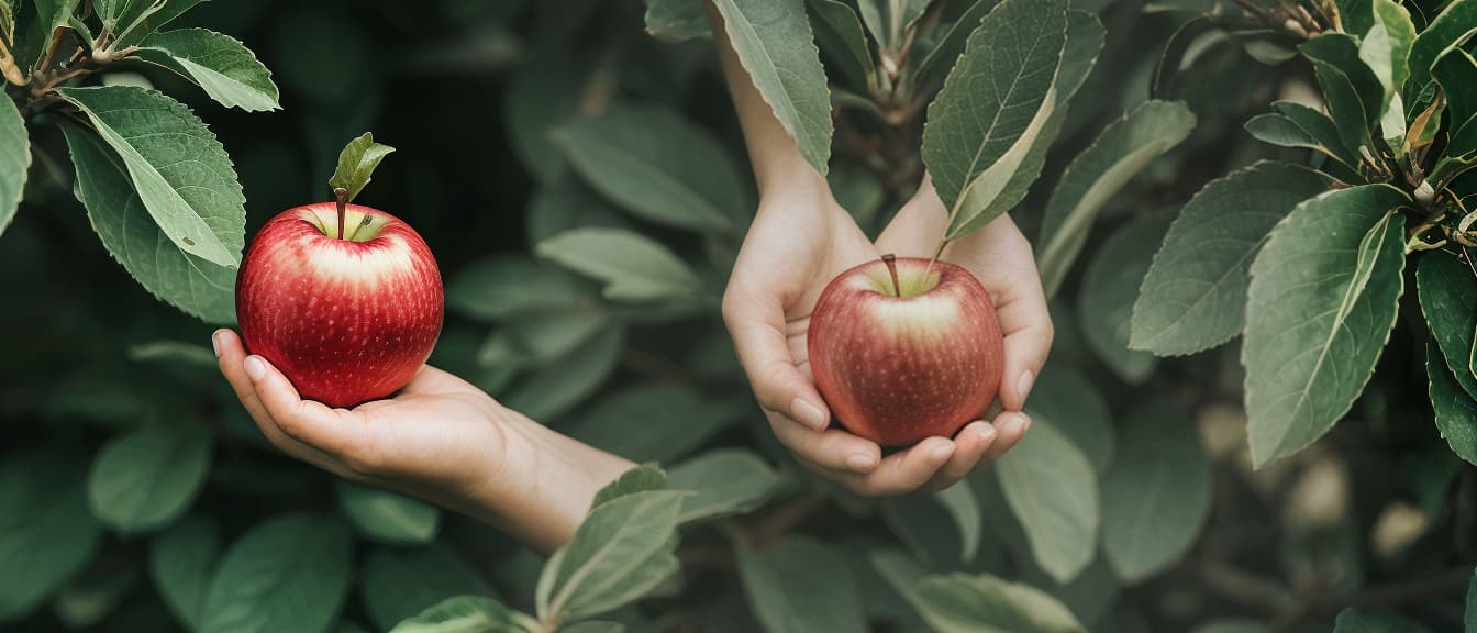  In a vibrant display of health and wellness, the image captures a woman's hand delicately holding a fresh, juicy red apple. The crisp 4K pixel resolution reveals every detail, from the smooth, glistening skin of the fruit to the gentle curves of her fingers. The apple, a symbol of nourishment and natural beauty, contrasts beautifully with the rich green background, emphasizing its freshness and vitality. This moment, isolated in stunning clarity, showcases the essence of a healthy diet, blending elements of nature and human care into a captivating visual narrative of wellness and natural nourishment.