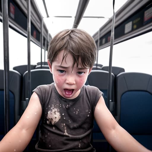  a very sweaty very young boy, caught on a public bus, is discovered by the viewer. The young 's face is rendered in exquisite detail, a look of and arousal as he realizes he's been caught the boy on the bus seat lets out a stream of warm, viscous liquid photo realistic shooting out from the tip of his huge engorged erect coating his and splattering onto the floor of the bus, the pinnacle of his is his sweaty features, high-angle shot, dramatic angle, extreme angle shot, photo-realistic, volumetric fog, 85mm lens, HDR, cinematic