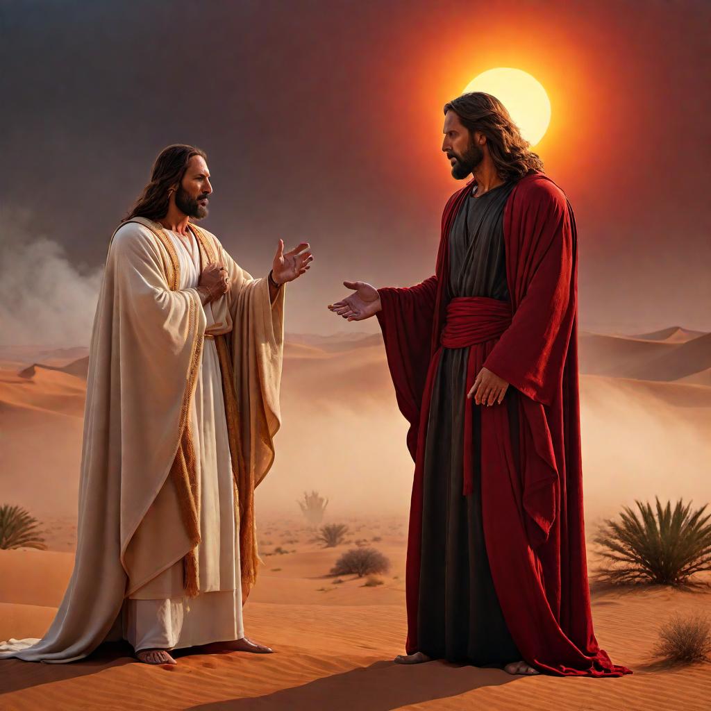  Satan whispering into Jesus' ear, tempting him in a hot desert. The scene should depict a harsh, arid landscape with a blazing sun overhead. Jesus should appear calm and composed, while Satan looks cunning and sinister. Jesus should be wearing flowing robes, and Satan should look menacing with dark, shadowy features. hyperrealistic, full body, detailed clothing, highly detailed, cinematic lighting, stunningly beautiful, intricate, sharp focus, f/1. 8, 85mm, (centered image composition), (professionally color graded), ((bright soft diffused light)), volumetric fog, trending on instagram, trending on tumblr, HDR 4K, 8K