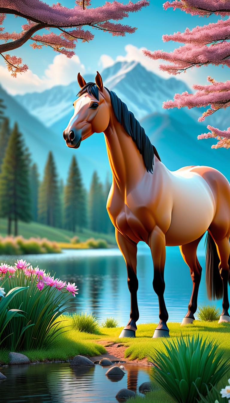  Professional 3D model of A horse stands in a magical clearing and looks out at a lake. The lake is surrounded by mountains and forests. There are fish in the water and you can see water lilies. The horse is standing under a tree that has started to lose its leaves. The horse is surrounded by beautiful flowers, bushes and trees. . Rendered with Octane, the model is highly detailed,dramatic lighting. hyperrealistic, full body, detailed clothing, highly detailed, cinematic lighting, stunningly beautiful, intricate, sharp focus, f/1. 8, 85mm, (centered image composition), (professionally color graded), ((bright soft diffused light)), volumetric fog, trending on instagram, trending on tumblr, HDR 4K, 8K