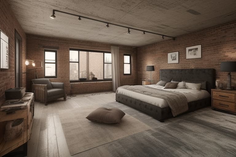  The image presents an industrial loft theme, emphasizing raw textures, large windows, and a blend of cozy and rugged elements. Industrial loft bedroom with exposed brick walls, large windows, a simple gray bed, eclectic pillows, and vintage decor accents. industrial loft, bedroom, exposed brick walls, large windows, gray bed, eclectic pillows, vintage decor, cozy, rugged elements