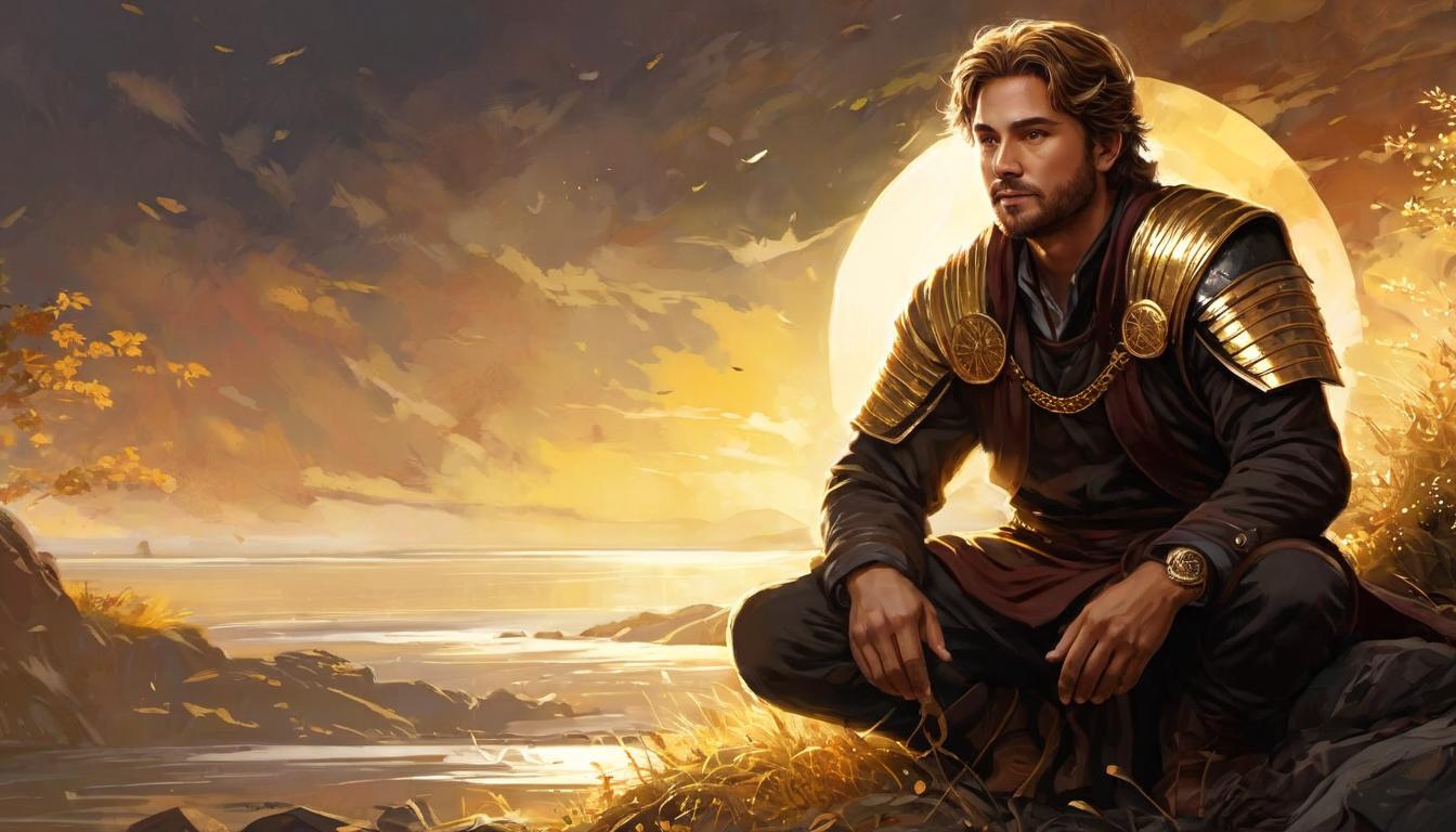  digital illustration, 1man, kneeling, hands placed firmly on the ground, golden light emanating from the ground beneath, determined eyes, earthy tones, grounding, centered, looking at viewer, dynamic pose, (intricate details, masterpiece, best quality)