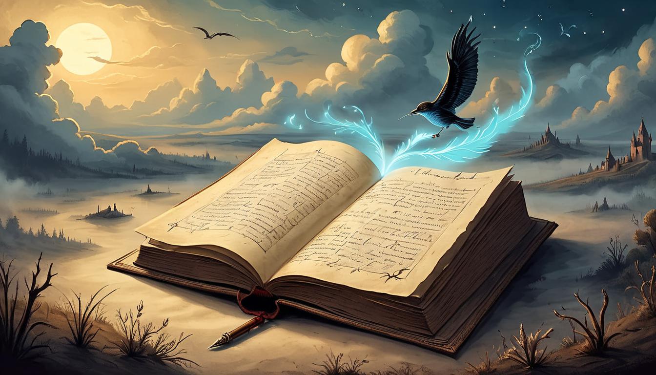  on parchment, surrealism+++, Open book with glowing text and floating quill, evening sky backdrop, engaged storytelling, shared experiences, evocative and interactive.(mysterious, provocative, symbolic,muted color)+++