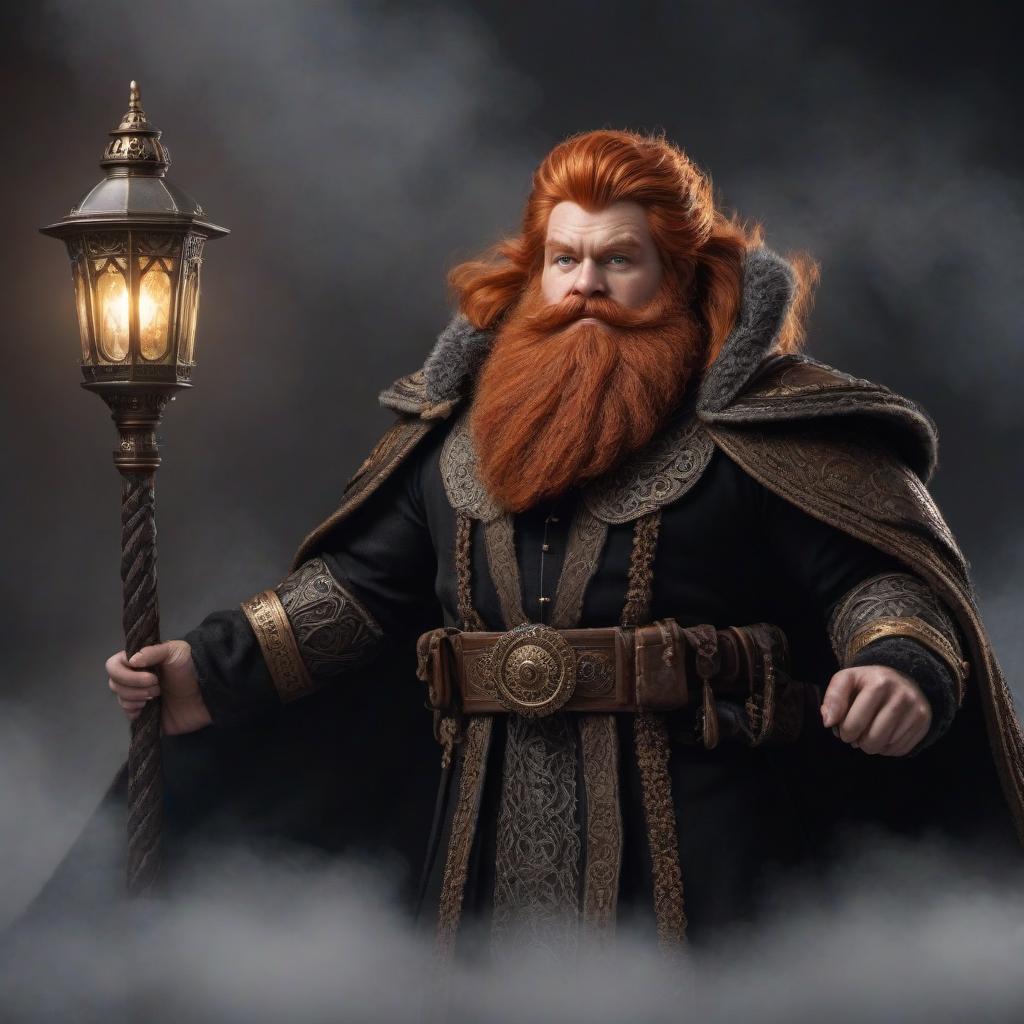  A dwarf with a ginger beard, in a black mantle and lamp. hyperrealistic, full body, detailed clothing, highly detailed, cinematic lighting, stunningly beautiful, intricate, sharp focus, f/1. 8, 85mm, (centered image composition), (professionally color graded), ((bright soft diffused light)), volumetric fog, trending on instagram, trending on tumblr, HDR 4K, 8K