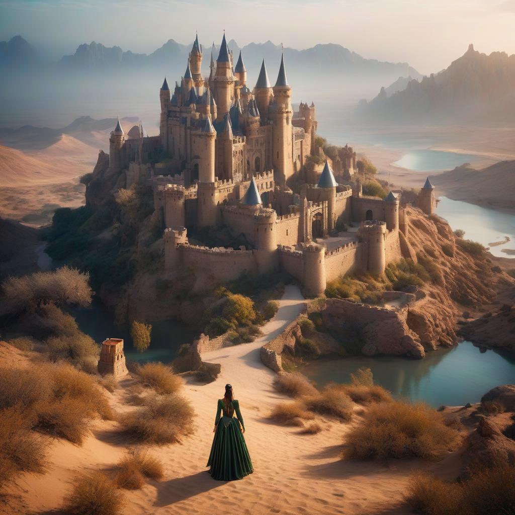  A fantastic fairy tale castle. New technology. Desert. Oasis. There's a sea around. hyperrealistic, full body, detailed clothing, highly detailed, cinematic lighting, stunningly beautiful, intricate, sharp focus, f/1. 8, 85mm, (centered image composition), (professionally color graded), ((bright soft diffused light)), volumetric fog, trending on instagram, trending on tumblr, HDR 4K, 8K