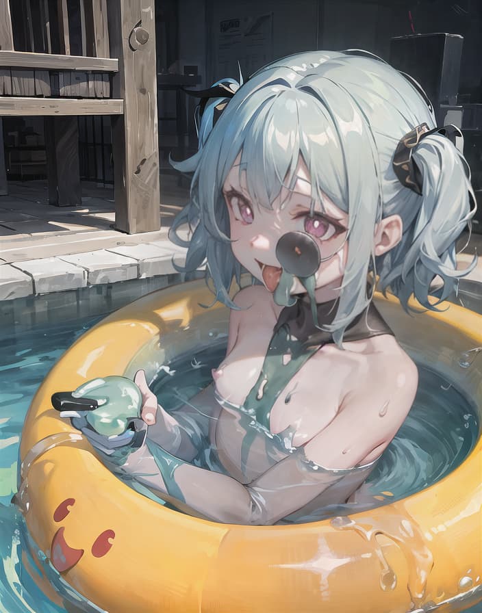  master piece , best quality,, , translucent body face,upper body, steam,slime , leaning forward,,pool side, small s,grabbing own ,afterglow,long tongue,evilgrin,saliva,face focus,heart shaped pupils