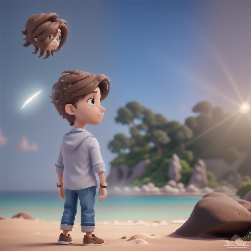  Cartoon drawn picture of a young boy with brown hair with his back facing the camera looking at the sunset from a beach with blue water 4k with a cartoon heart above his head hyperrealistic, full body, detailed clothing, highly detailed, cinematic lighting, stunningly beautiful, intricate, sharp focus, f/1. 8, 85mm, (centered image composition), (professionally color graded), ((bright soft diffused light)), volumetric fog, trending on instagram, trending on tumblr, HDR 4K, 8K