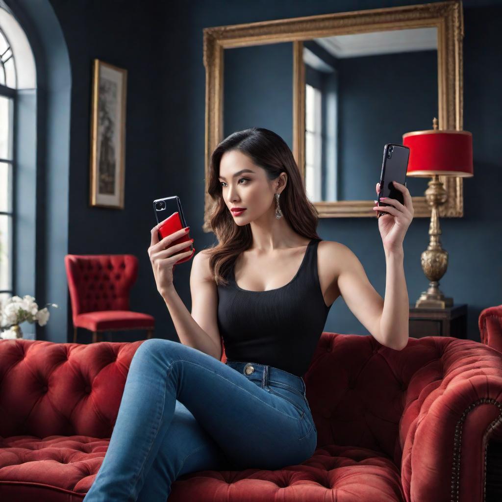  An image of a person sitting on a cushioned sofa holding a phone with a red case, taking a selfie in front of a mirror. The person is wearing a black sleeveless top and blue jeans. The setting is a cozy domestic environment. The composition focuses on the act of taking the selfie, reflecting themes of self-expression and digital interaction in a casual, everyday life context. hyperrealistic, full body, detailed clothing, highly detailed, cinematic lighting, stunningly beautiful, intricate, sharp focus, f/1. 8, 85mm, (centered image composition), (professionally color graded), ((bright soft diffused light)), volumetric fog, trending on instagram, trending on tumblr, HDR 4K, 8K