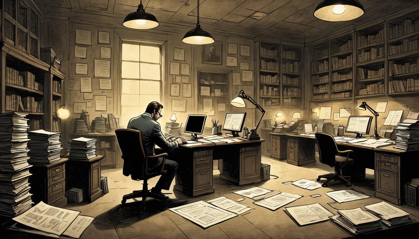  on parchment, surrealism+++, A dimly lit office, solitary figure working late into the night, surrounded by stacks of papers and glowing computer screens, atmosphere of dedication and solitude, faint glimmers of light(mysterious, provocative, symbolic,muted color)+++