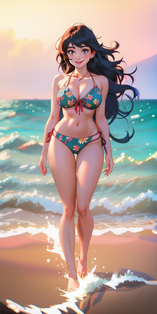  (RAW Capture: 1.2), 32K Picture Quality, Masterpiece, Raw Image, Dramatic Lighting, Tropical Beach, Floral Bikini, (Bust-Up: 1.4), (Masterpiece: 1.3), (Best Picture Quality: 1.4), Beautiful and lovely Japanese Woman, (Kanna Hashimoto) (((big smile))) hyperrealistic, full body, detailed clothing, highly detailed, cinematic lighting, stunningly beautiful, intricate, sharp focus, f/1. 8, 85mm, (centered image composition), (professionally color graded), ((bright soft diffused light)), volumetric fog, trending on instagram, trending on tumblr, HDR 4K, 8K