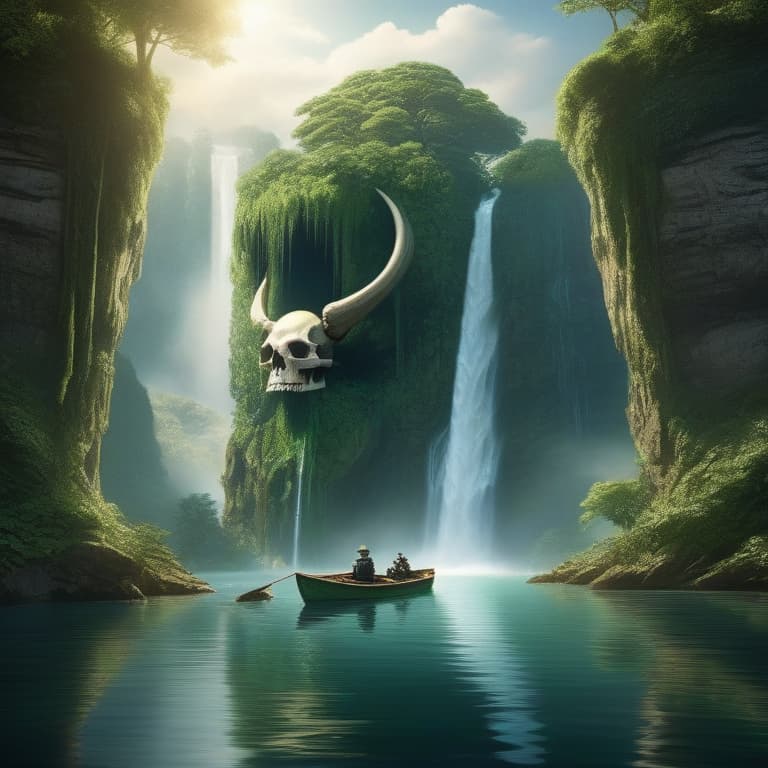  cinematic, serene natural scene, a person in a small boat on a calm body of lake, an impressive waterfall cascading down from a giant creatureâs skull with lush vegetation growing around it, The skull should be seamlessly integrated into the landscape, ethereal and mystical atmosphere, Sunlight should filter through the canopy above, highlighting the tranquil and otherworldly quality of the scene, beautiful reflection, realistic,