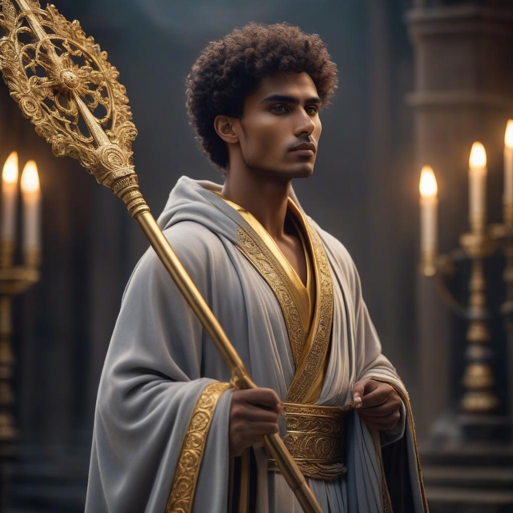  A young, brown skinned acolyte of a deity, wearing a grey robe with golden eyes and a staff. hyperrealistic, full body, detailed clothing, highly detailed, cinematic lighting, stunningly beautiful, intricate, sharp focus, f/1. 8, 85mm, (centered image composition), (professionally color graded), ((bright soft diffused light)), volumetric fog, trending on instagram, trending on tumblr, HDR 4K, 8K