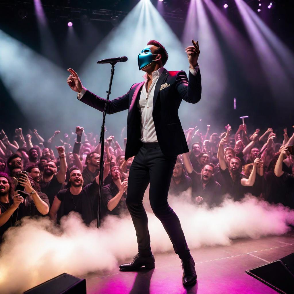  A singer with a stitched mask face reaching for the crowd as he sings for a sold-out concert. The singer is standing on an illuminated stage with colorful spotlights, surrounded by a cheering crowd. The background is dark to contrast with the bright stage lights and the singer's dynamic pose. hyperrealistic, full body, detailed clothing, highly detailed, cinematic lighting, stunningly beautiful, intricate, sharp focus, f/1. 8, 85mm, (centered image composition), (professionally color graded), ((bright soft diffused light)), volumetric fog, trending on instagram, trending on tumblr, HDR 4K, 8K