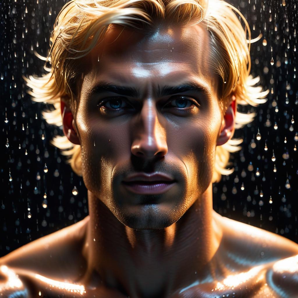  Young blonde man, thin, black background behind him, light shining down from above, his entire body covered in glistening droplets. hyperrealistic, full body, detailed clothing, highly detailed, cinematic lighting, stunningly beautiful, intricate, sharp focus, f/1. 8, 85mm, (centered image composition), (professionally color graded), ((bright soft diffused light)), volumetric fog, trending on instagram, trending on tumblr, HDR 4K, 8K