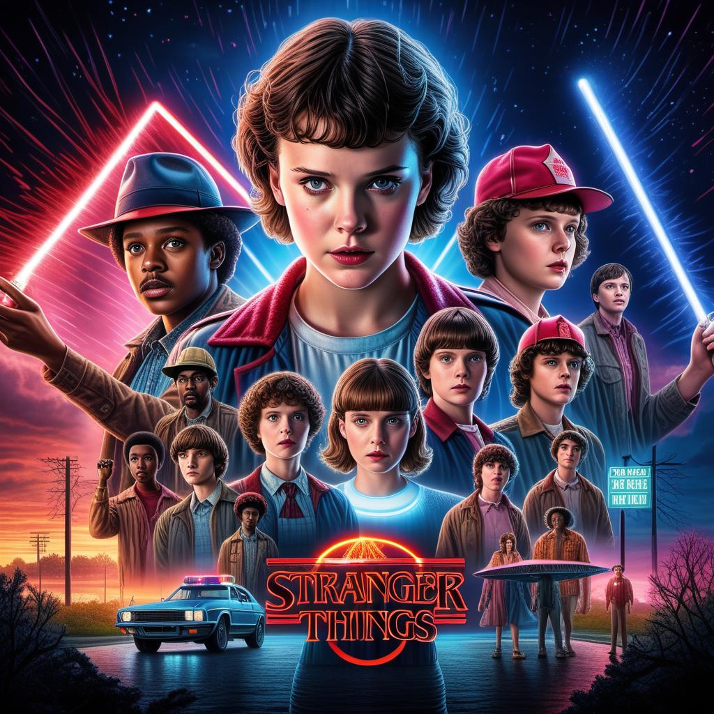  A single drawing that combines elements from all four seasons of Stranger Things. The image should feature iconic moments and characters from each season, blending them into one cohesive scene. Include Eleven using her powers, the Demogorgon, the Mind Flayer, the Byers' Christmas lights, the Starcourt Mall, and the Upside Down. Make the scene dynamic and atmospheric, reflecting the supernatural and adventurous tone of the show. hyperrealistic, full body, detailed clothing, highly detailed, cinematic lighting, stunningly beautiful, intricate, sharp focus, f/1. 8, 85mm, (centered image composition), (professionally color graded), ((bright soft diffused light)), volumetric fog, trending on instagram, trending on tumblr, HDR 4K, 8K