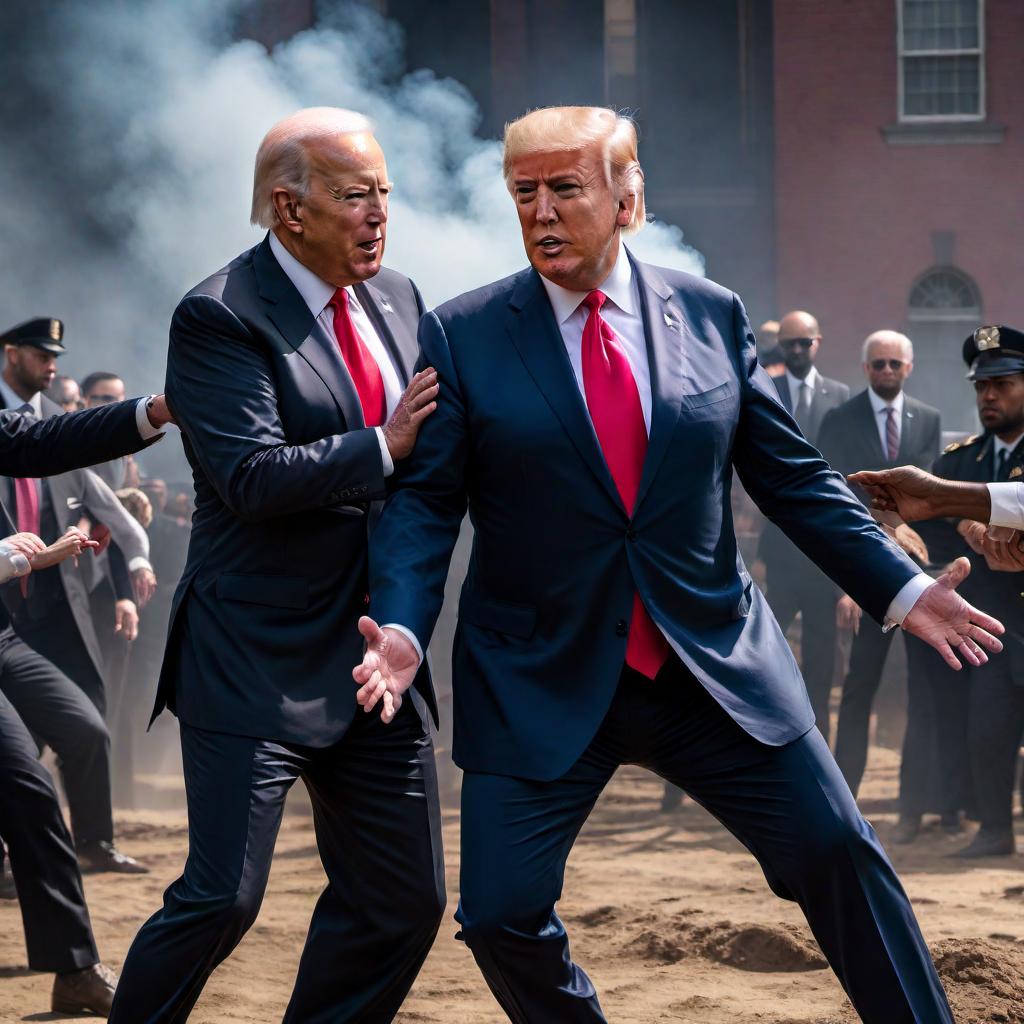  An image of Donald Trump smacking Joe Biden. Donald Trump, wearing his usual dark suit with a red tie, is shown hitting Joe Biden, who is in his recognizable casual attire or a suit. The scene captures the moment of impact with dynamic expressions and motion. The background can be neutral or relate to a debate stage or political setting. hyperrealistic, full body, detailed clothing, highly detailed, cinematic lighting, stunningly beautiful, intricate, sharp focus, f/1. 8, 85mm, (centered image composition), (professionally color graded), ((bright soft diffused light)), volumetric fog, trending on instagram, trending on tumblr, HDR 4K, 8K