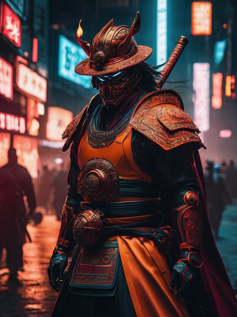  glowneon, glowing samurai emitting sparks and electricity, dark red and orange, glowing eyes, cinematic film still <lora:glowneon xl v1:1> <lora:add detail xl:0.8> hyperrealistic, full body, detailed clothing, highly detailed, cinematic lighting, stunningly beautiful, intricate, sharp focus, f/1. 8, 85mm, (centered image composition), (professionally color graded), ((bright soft diffused light)), volumetric fog, trending on instagram, trending on tumblr, HDR 4K, 8K