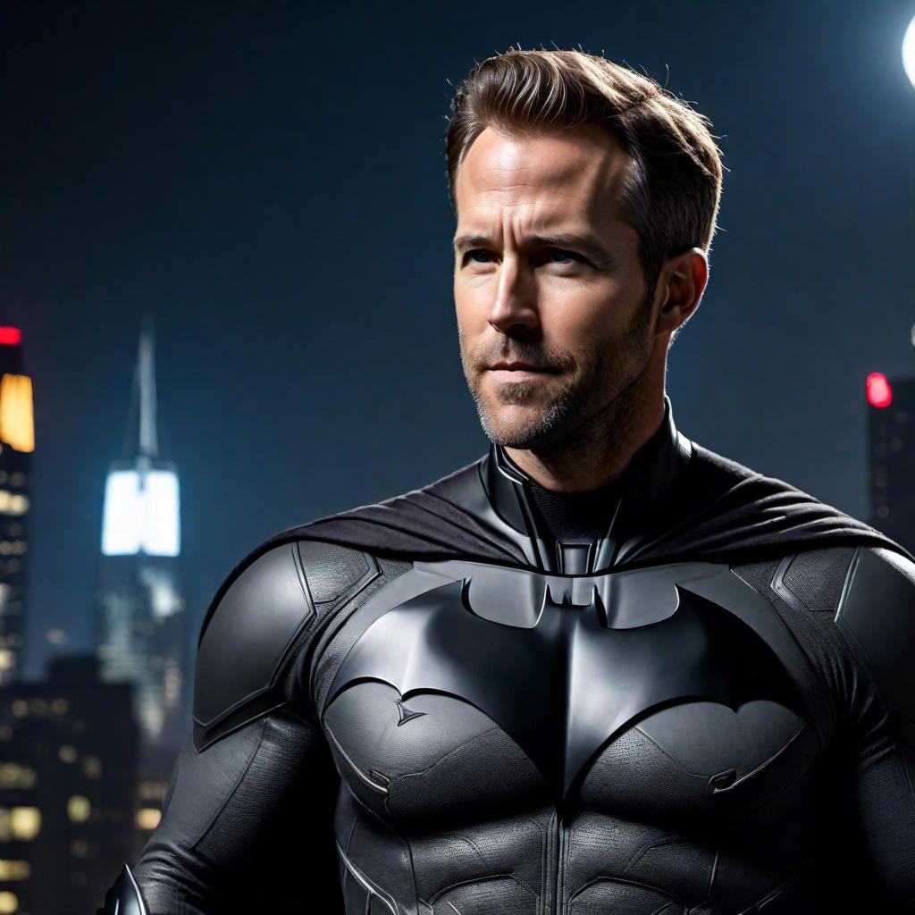  Ryan Reynolds as Batman, wearing the iconic Batman suit with a sleek and modern design, standing in a dark Gotham City backdrop with the Bat-Signal shining in the sky. hyperrealistic, full body, detailed clothing, highly detailed, cinematic lighting, stunningly beautiful, intricate, sharp focus, f/1. 8, 85mm, (centered image composition), (professionally color graded), ((bright soft diffused light)), volumetric fog, trending on instagram, trending on tumblr, HDR 4K, 8K