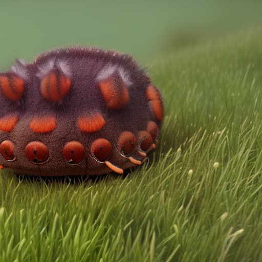 redshift style Draw a brown cute caterpillar sitting looking kinda sad on a leave in a green colorful meadow with brightly colored patterned catterpilars in the garden too