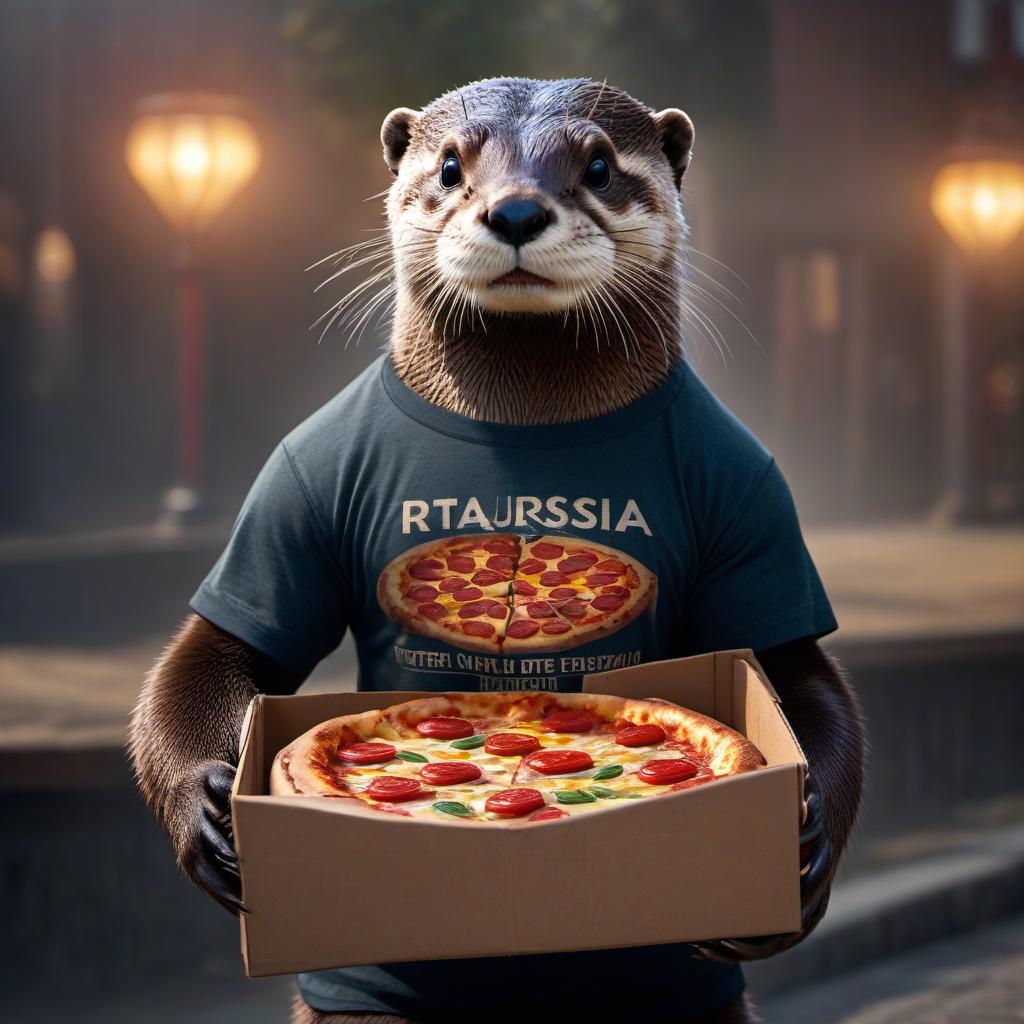  An otter in a "Eurasia" t shirt, holding a box with pizza. hyperrealistic, full body, detailed clothing, highly detailed, cinematic lighting, stunningly beautiful, intricate, sharp focus, f/1. 8, 85mm, (centered image composition), (professionally color graded), ((bright soft diffused light)), volumetric fog, trending on instagram, trending on tumblr, HDR 4K, 8K