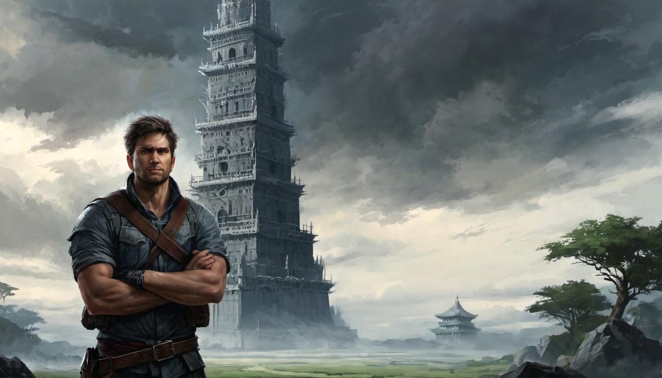  digital painting of A defiant figure, male, standing with arms crossed in front of a colossal unfinished tower, shoulders squared, expression resolute, overcast sky, dramatic, bold, assertive looking at viewer, dynamic pose, (intricate details, masterpiece, best quality)