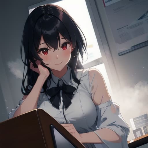   1girl, solo, anime named Emi, black long hair, in an office, sitting on a chair, black top, looking at the viewer, red eyes, smiling. hyperrealistic, full body, detailed clothing, highly detailed, cinematic lighting, stunningly beautiful, intricate, sharp focus, f/1. 8, 85mm, (centered image composition), (professionally color graded), ((bright soft diffused light)), volumetric fog, trending on instagram, trending on tumblr, HDR 4K, 8K