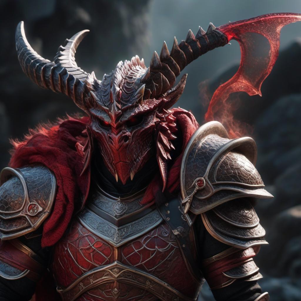  cinematic photo dragonborn with red scales in black armors . 35mm photograph, film, bokeh, professional, 4k, highly detailed hyperrealistic, full body, detailed clothing, highly detailed, cinematic lighting, stunningly beautiful, intricate, sharp focus, f/1. 8, 85mm, (centered image composition), (professionally color graded), ((bright soft diffused light)), volumetric fog, trending on instagram, trending on tumblr, HDR 4K, 8K