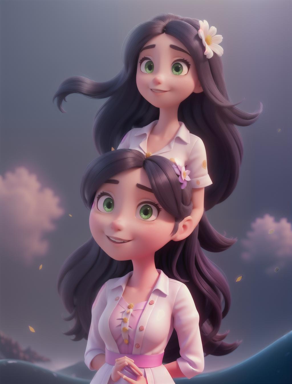  a cute girl with long black hair and a flower in her hair, a digital animation, fantasy animation, wlop pixar style, high detailed face pixar, discord profile picture, Ocean in the background, Dynamic Background hyperrealistic, full body, detailed clothing, highly detailed, cinematic lighting, stunningly beautiful, intricate, sharp focus, f/1. 8, 85mm, (centered image composition), (professionally color graded), ((bright soft diffused light)), volumetric fog, trending on instagram, trending on tumblr, HDR 4K, 8K