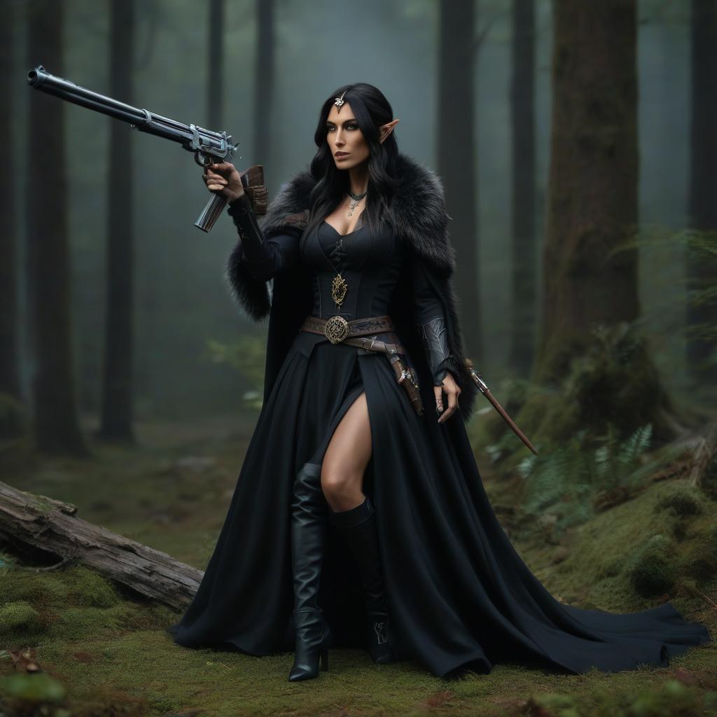  A half elf druid with dark hair that covers her face in a dark dress with a revolver hyperrealistic, full body, detailed clothing, highly detailed, cinematic lighting, stunningly beautiful, intricate, sharp focus, f/1. 8, 85mm, (centered image composition), (professionally color graded), ((bright soft diffused light)), volumetric fog, trending on instagram, trending on tumblr, HDR 4K, 8K