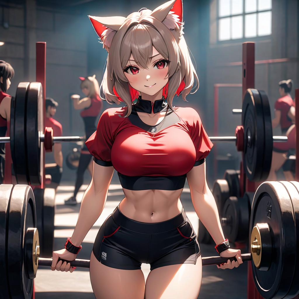  anime artwork A nine yea , beautiful face, a tight and black and red top, a perfect body, large hips and s, black red shorts, cat ears, smiling, lifting weights, toned legs. . anime style, key visual, vint, studio anime, highly detailed hyperrealistic, full body, detailed clothing, highly detailed, cinematic lighting, stunningly beautiful, intricate, sharp focus, f/1. 8, 85mm, (centered image composition), (professionally color graded), ((bright soft diffused light)), volumetric fog, trending on instagram, trending on tumblr, HDR 4K, 8K