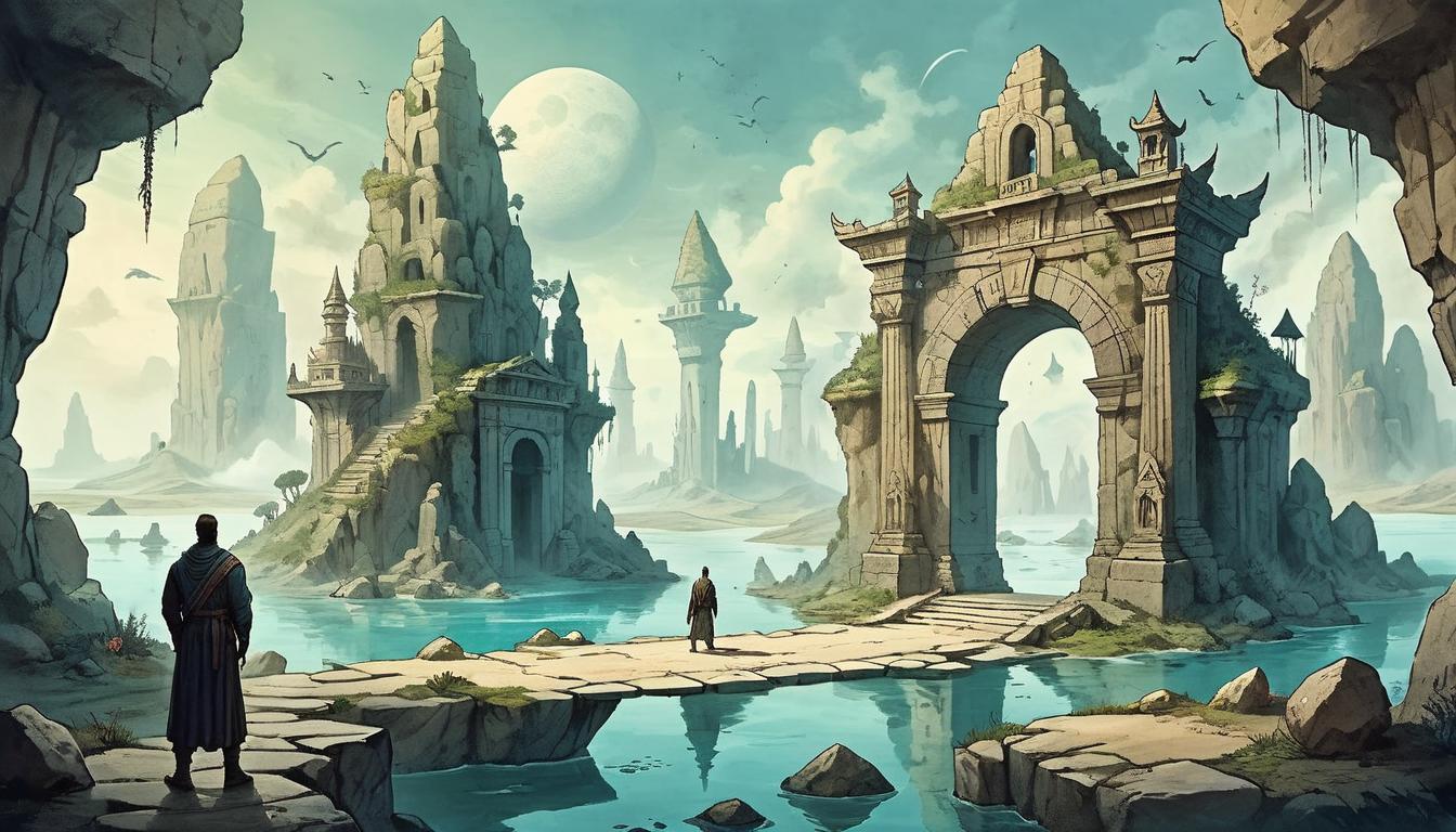  on parchment, surrealism+++, A person standing at a gateway made of ancient stones, beyond it a mystical realm filled with floating islands and otherworldly structures, sense of wonder and adventure, ethereal and surreal(mysterious, provocative, symbolic,muted color)+++