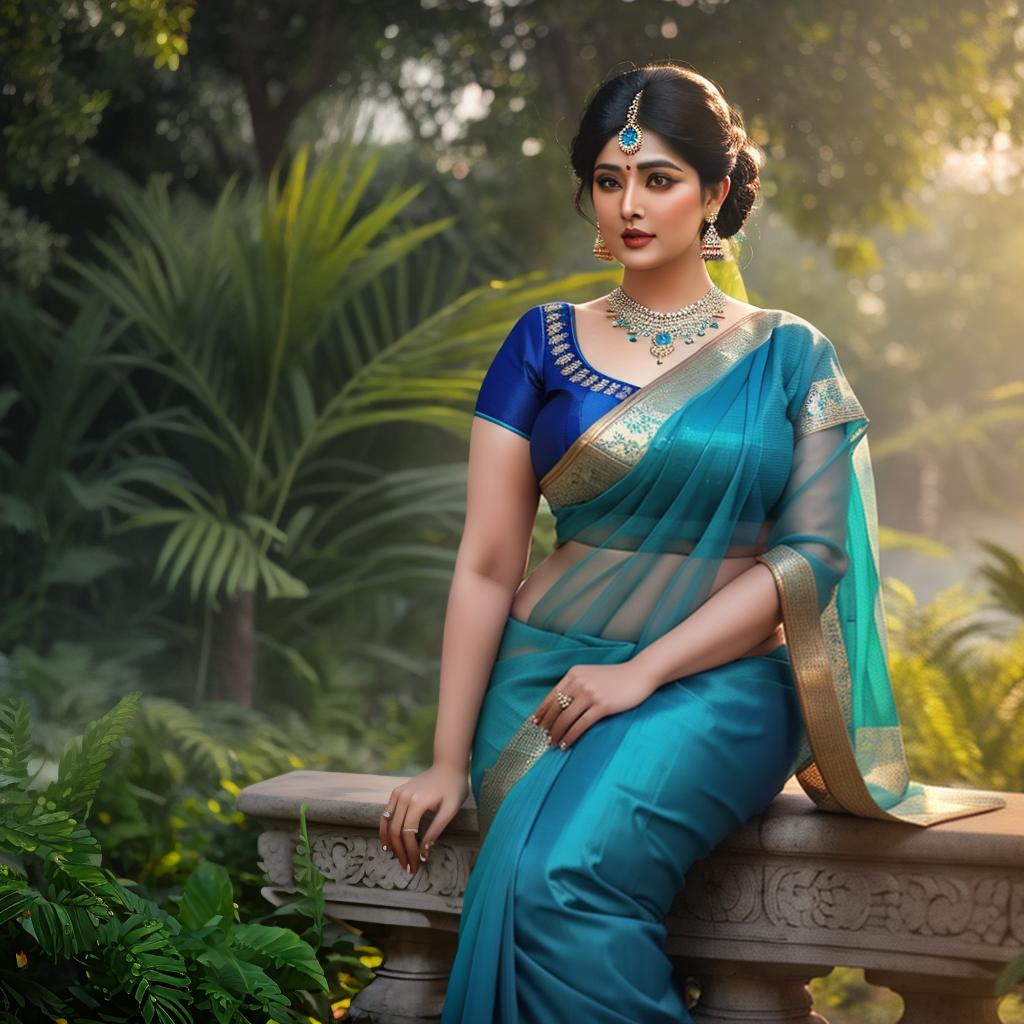  a Chubby indian women in blue saree, at greenery park, clean face details, portrait, hyperrealistic, full body, detailed clothing, highly detailed, cinematic lighting, stunningly beautiful, intricate, sharp focus, f/1. 8, 85mm, (centered image composition), (professionally color graded), ((bright soft diffused light)), volumetric fog, trending on instagram, trending on tumblr, HDR 4K, 8K