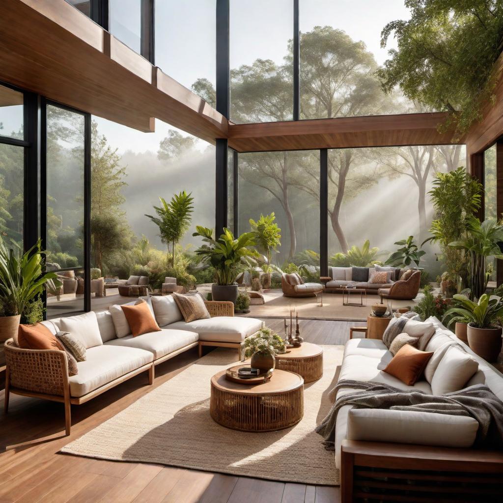  Multiple outdoor-themed living rooms with a cozy and natural feel. Features include large windows or glass walls to allow plenty of natural light and views of nature. Furnishings made of natural materials like rattan, wicker, or wood. Rooms are filled with indoor plants and natural decor such as fiber rugs, lantern-style lighting, and garden-inspired artwork. Different styles and angles showcasing various interpretations of an outdoor-themed living room. hyperrealistic, full body, detailed clothing, highly detailed, cinematic lighting, stunningly beautiful, intricate, sharp focus, f/1. 8, 85mm, (centered image composition), (professionally color graded), ((bright soft diffused light)), volumetric fog, trending on instagram, trending on tumblr, HDR 4K, 8K