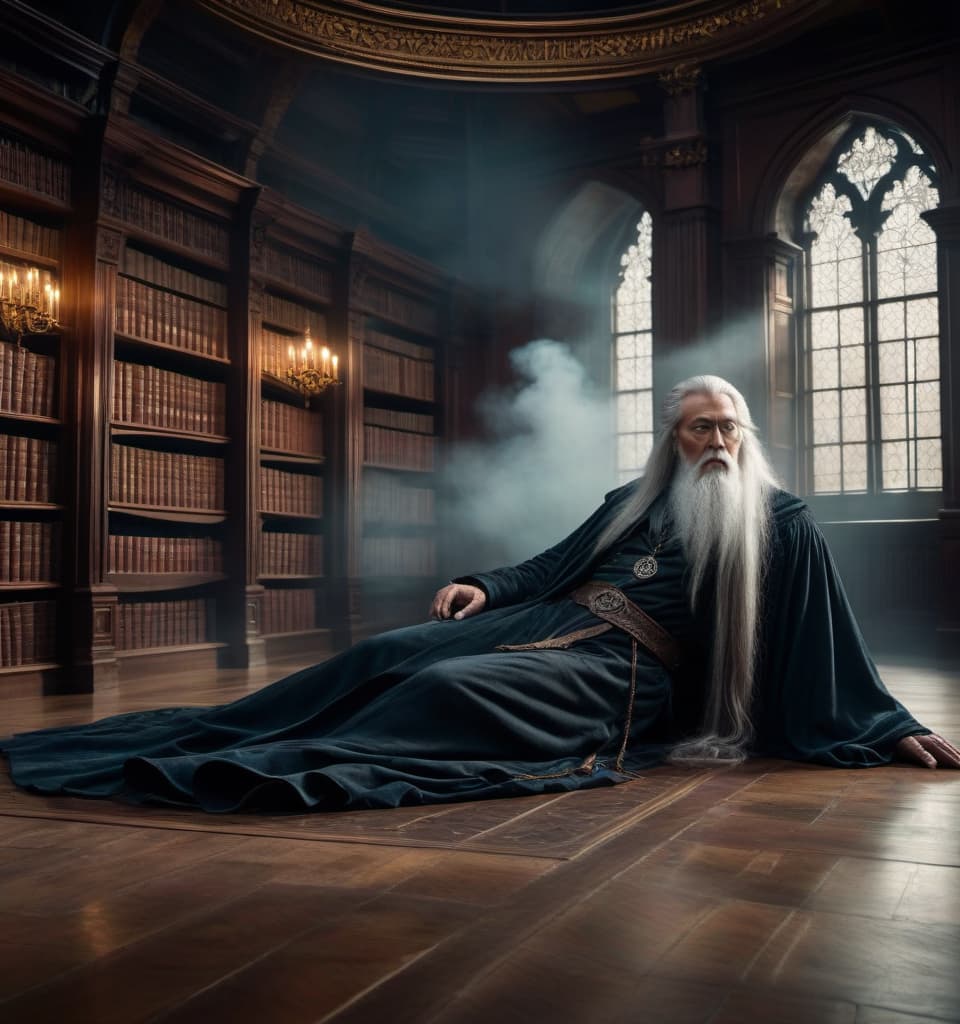  In a round room of the old library, a wizard's corpse lies on the floor, beside it stands a ghost., hkmagic hyperrealistic, full body, detailed clothing, highly detailed, cinematic lighting, stunningly beautiful, intricate, sharp focus, f/1. 8, 85mm, (centered image composition), (professionally color graded), ((bright soft diffused light)), volumetric fog, trending on instagram, trending on tumblr, HDR 4K, 8K