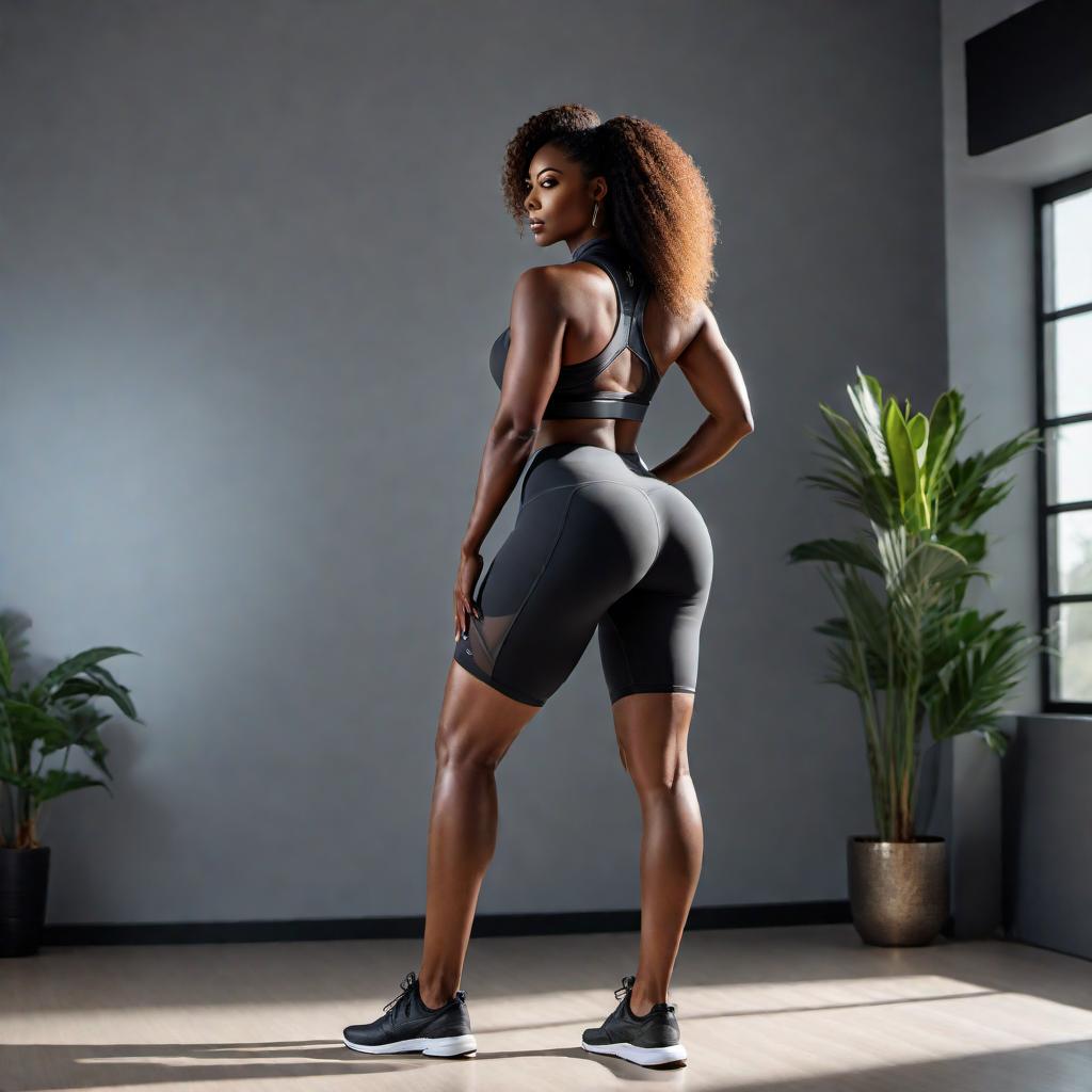  A big booty ebony woman wearing tight yoga shorts. The setting should be a gym or a yoga studio with appropriate lighting and exercise equipment in the background. hyperrealistic, full body, detailed clothing, highly detailed, cinematic lighting, stunningly beautiful, intricate, sharp focus, f/1. 8, 85mm, (centered image composition), (professionally color graded), ((bright soft diffused light)), volumetric fog, trending on instagram, trending on tumblr, HDR 4K, 8K