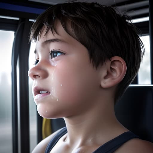  a very sweaty very young boy, caught on a public bus, is discovered by the viewer. The young 's face is rendered in exquisite detail, a look of and arousal as he realizes he's been caught the boy on the bus seat lets out a stream of warm, viscous liquid shooting out from his huge engorged erect tip coating his and splattering onto the floor of the bus, the pinnacle of his is his sweaty features, high-angle shot, dramatic angle, extreme angle shot, photo-realistic, volumetric fog, 85mm lens, HDR, cinematic