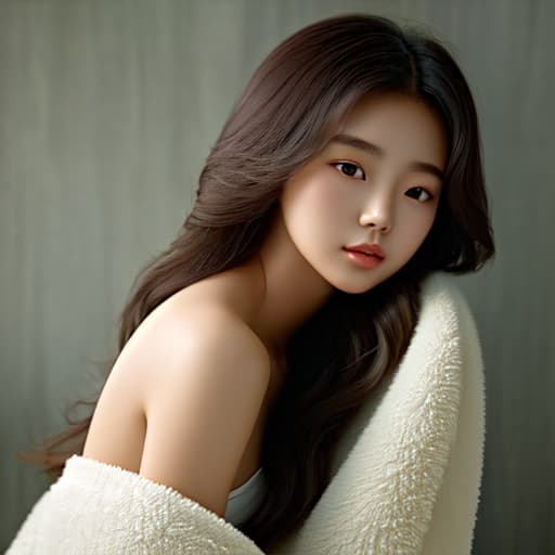  masterpiece, best quality, A Korean girl with a layered perm hairstyle, showcasing her long and vibrant locks, sits in front of a soft, light gray background. Her features are elegantly displayed from the front view, with a subtle focus on the intricate details of her perm and the delightful texture of her hair. Her soft, calm facial features convey a sense of quiet contemplation, with a slight hint of a relaxed and peaceful demeanor. Her skin tone is smooth and even, with a subtle sheen from the soft lighting. The overall mood is one of serenity and tranquility, inviting the viewer to step into her peaceful world.