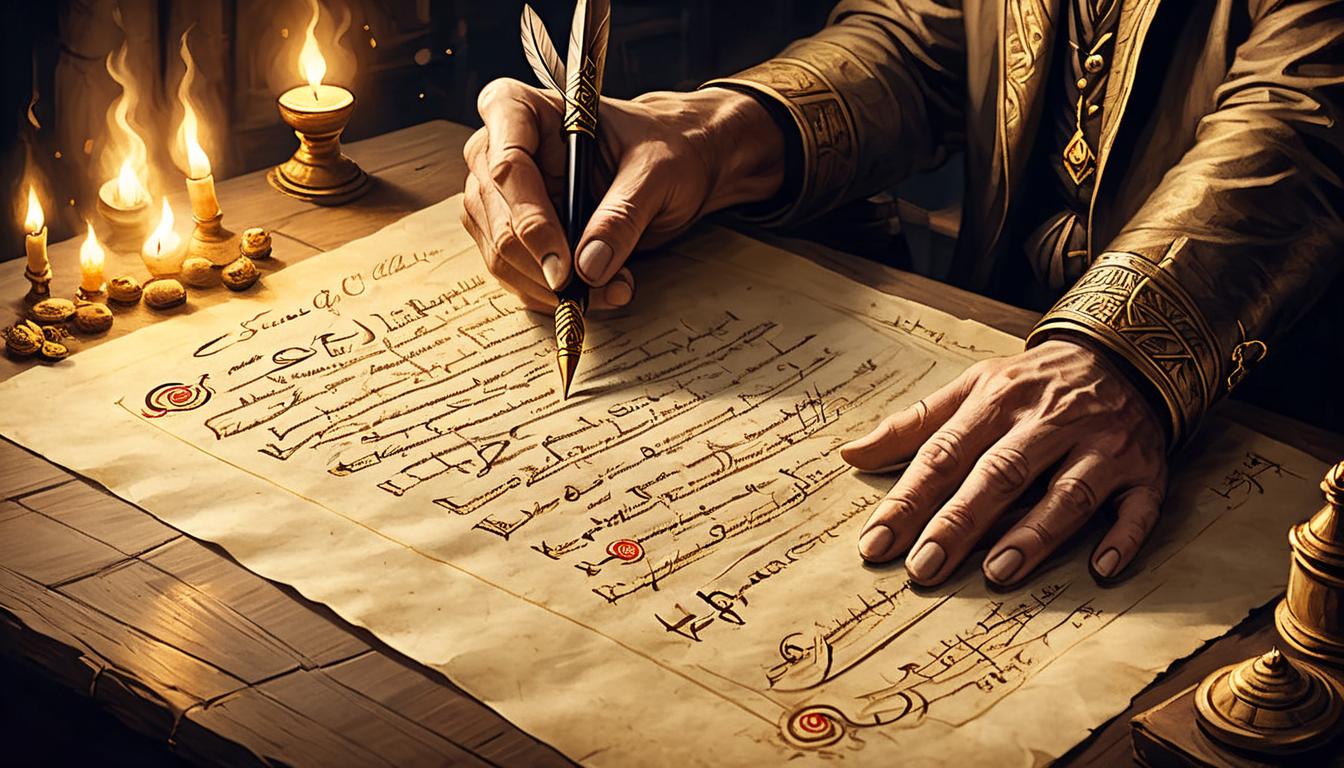  on parchment, surrealism+++, A golden quill writing job offers in ancient script across a parchment, dark office with glowing embers, sense of destiny, possibility, mystique(mysterious, provocative, symbolic,muted color)+++