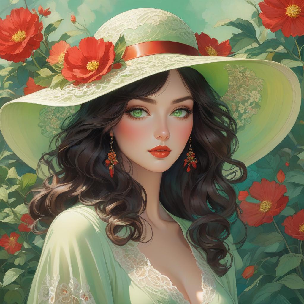  A digital artwork of a woman with green eyes, wavy hair, wearing a broad brimmed hat adorned with a flower, set against a colorful backdrop. Art deco masterpiece by legendary artists that include vlop, Victo Ngai, Annigoni, Milo Manara, Botticelli, Catrin Welz Stein, Jean Metzinger, Gustav Klimt, image of a young woman with a fair complexion and soft facial features. She has charming almond shaped hazel eyes and full lips that add to her serene expression. Her wavy, dark brown hair falls gracefully under a wide brimmed, light green hat decorated with intricate lace patterns and a delicate red flower. The background merges with her form in a dreamy watercolor blend of green, red and hints of yellow, suggesting a mix of floral and abstract el hyperrealistic, full body, detailed clothing, highly detailed, cinematic lighting, stunningly beautiful, intricate, sharp focus, f/1. 8, 85mm, (centered image composition), (professionally color graded), ((bright soft diffused light)), volumetric fog, trending on instagram, trending on tumblr, HDR 4K, 8K