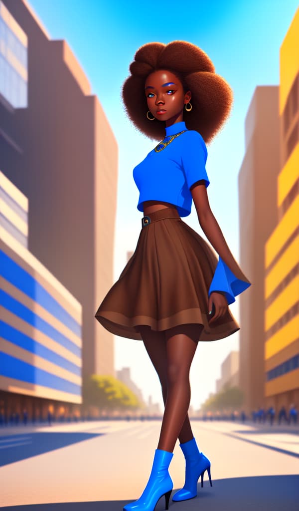 in OliDisco style African American walking down the street looking at the camera from the front with long brown hair wearing a blue miniskirt with black heels