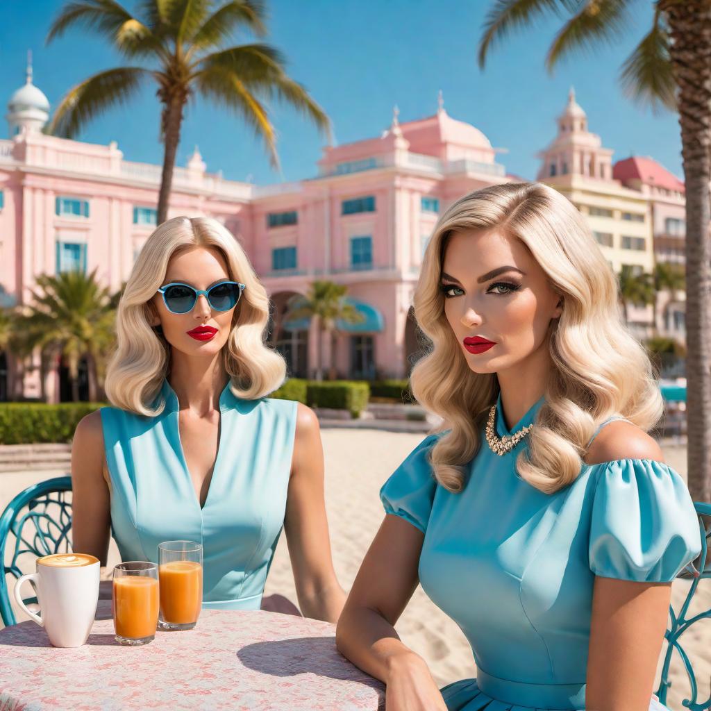  A glamorous vintage 60s cartoon-style podcast cover set in Palm Beach, Florida. Two women are featured sitting at a table with microphones and espresso cups. One woman has blonde hair and blue eyes, and the other woman has brown hair and brown eyes with distinct facial features. The blonde woman has a chic bob hairstyle and is wearing a stylish dress. The brunette has long wavy hair and is wearing a retro outfit. The background should include iconic Palm Beach elements like palm trees, pastel-colored buildings, and a glamorous, beachy vibe. The overall style should be bright, colorful, and inviting, with a nostalgic cartoon drawing 60s aesthetic. hyperrealistic, full body, detailed clothing, highly detailed, cinematic lighting, stunningly beautiful, intricate, sharp focus, f/1. 8, 85mm, (centered image composition), (professionally color graded), ((bright soft diffused light)), volumetric fog, trending on instagram, trending on tumblr, HDR 4K, 8K