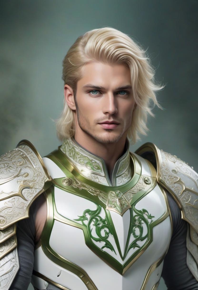  ethereal fantasy concept art of A young man, blond, green eyes, no beard, muscular build, white latex armor. . magnificent, celestial, ethereal, painterly, epic, majestic, magical, fantasy art, cover art, dreamy hyperrealistic, full body, detailed clothing, highly detailed, cinematic lighting, stunningly beautiful, intricate, sharp focus, f/1. 8, 85mm, (centered image composition), (professionally color graded), ((bright soft diffused light)), volumetric fog, trending on instagram, trending on tumblr, HDR 4K, 8K