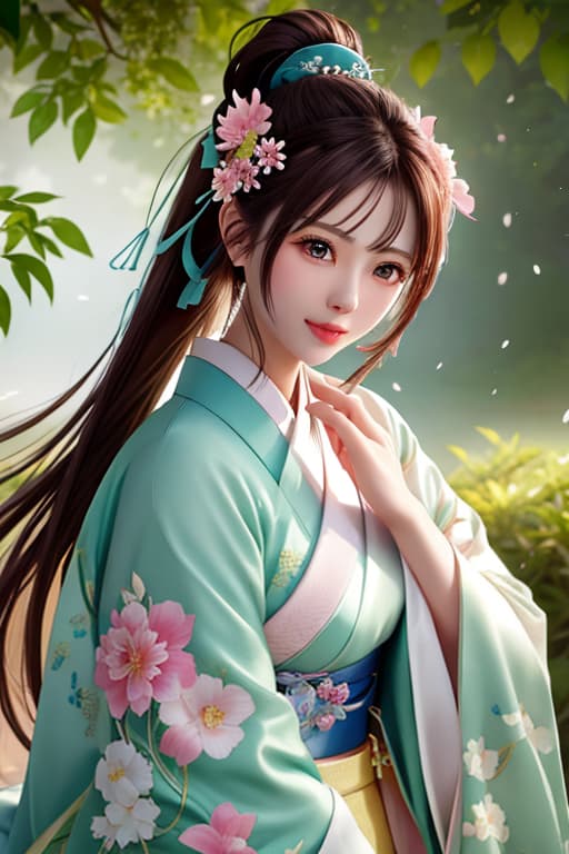  a young with brown hair tied in a ponytail, wearing a pinch kimono. She is in a lush green environment with flowering plants. The is crying, with large tears streaming down her face, and she is eating onigiri.The background is filled with greenery and pink flowers, creating a serene yet emotional atmosphere. hyperrealistic, full body, detailed clothing, highly detailed, cinematic lighting, stunningly beautiful, intricate, sharp focus, f/1. 8, 85mm, (centered image composition), (professionally color graded), ((bright soft diffused light)), volumetric fog, trending on instagram, trending on tumblr, HDR 4K, 8K