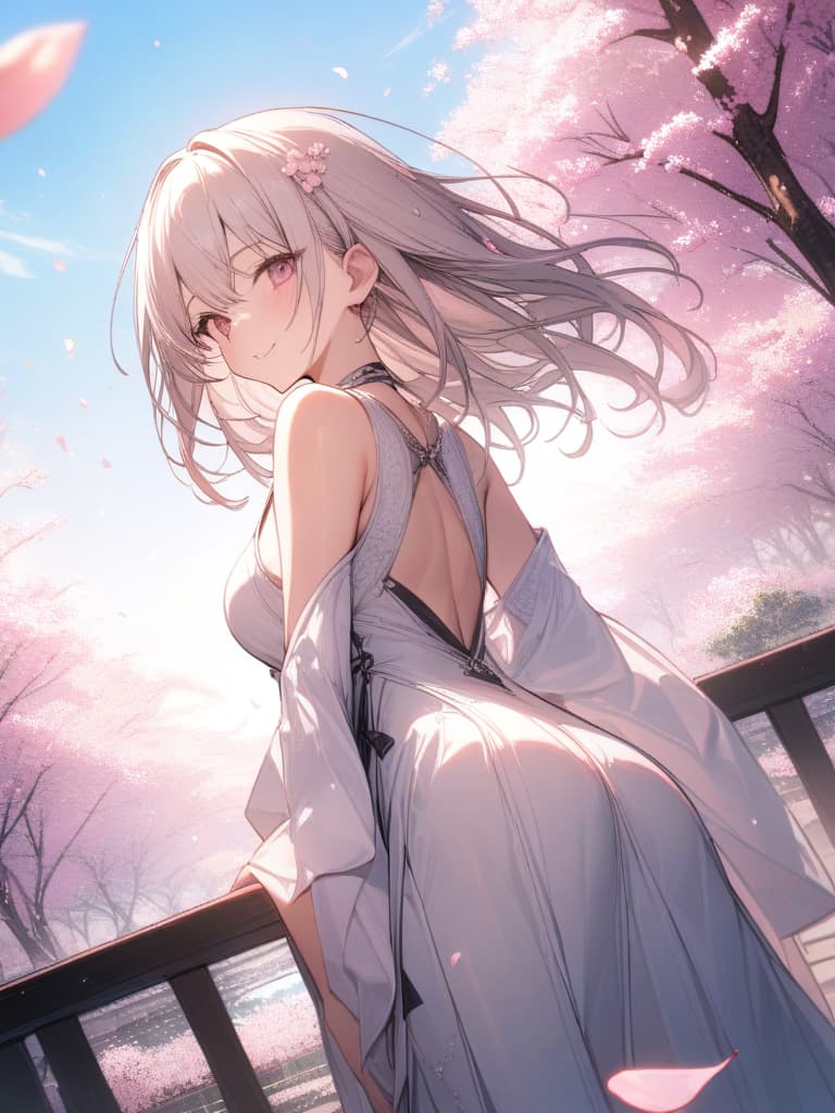  Sufficient smile, cherry blossoms, petals, spring, outstretched Arms, Looking Back, (Pink & White One Piece), Dutch Angle, 💩, 💩, 💩, 💩, 💩, 💩, masterpiece, best quality,8k,ultra detailed,high resolution,an extremely delicate and beautiful,hyper detail