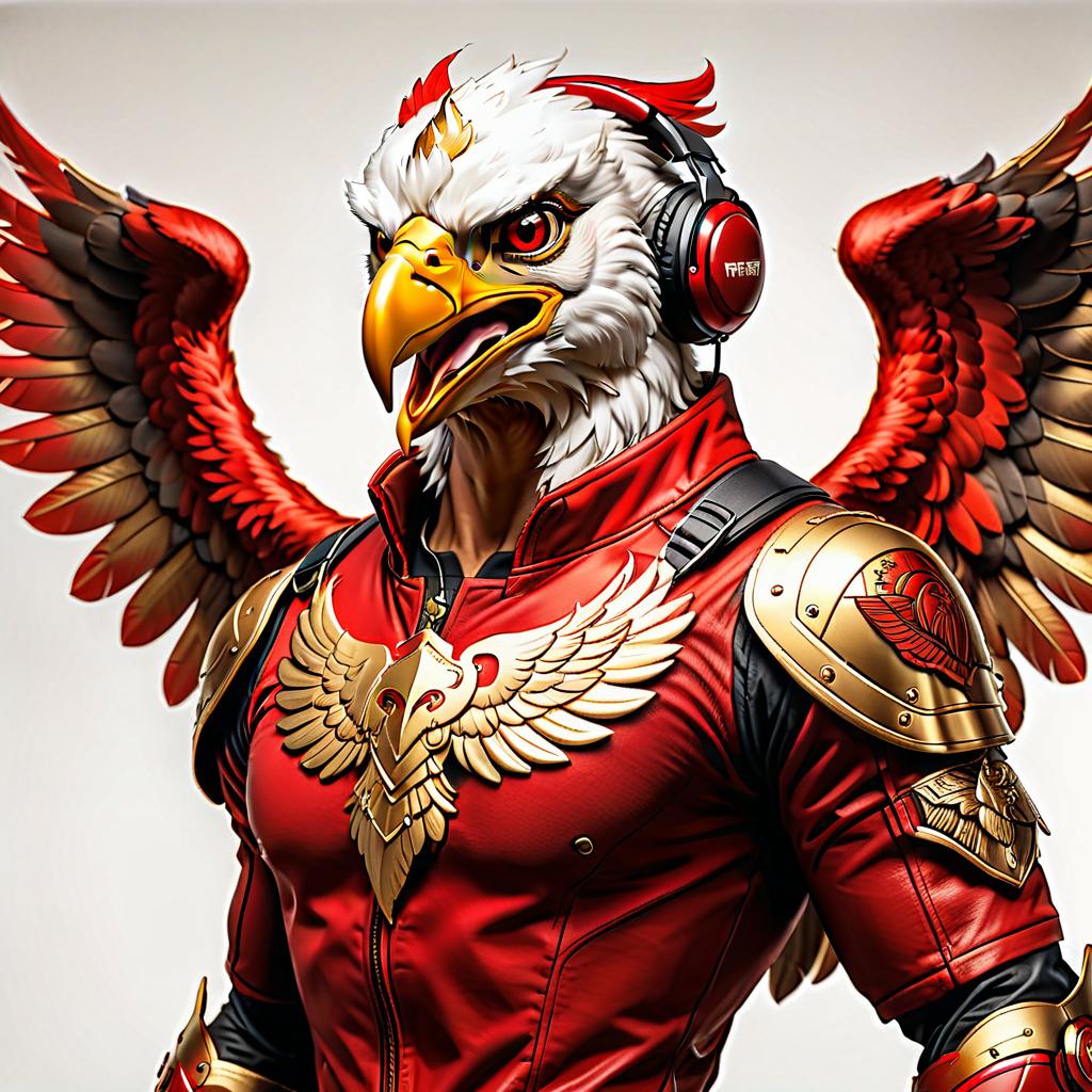  Pop Art style Animated image, 2D graphics, in a three quarter turn with a golden griffin depicted in full size, its beak resembling an eagle's, wearing red headphones, against a white background. The griffin's entire wings are visible, no additional elements on the background. . bright colors, bold outlines, popular culture themes, ironic or kitsch, on parchment hyperrealistic, full body, detailed clothing, highly detailed, cinematic lighting, stunningly beautiful, intricate, sharp focus, f/1. 8, 85mm, (centered image composition), (professionally color graded), ((bright soft diffused light)), volumetric fog, trending on instagram, trending on tumblr, HDR 4K, 8K