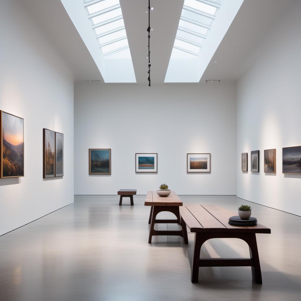  The interior of a low-budget art gallery. The space is modest and functional, with plain white walls. Several pieces of art are hung sparsely, showcasing a variety of styles. Simple frames and minimalistic displays are used to present the artwork. There are a few benches and chairs for visitors to sit and ponder. The lighting is basic but well-placed to highlight the art pieces. The floor is a polished concrete, and there are a couple of informational plaques next to some of the prominent pieces. The overall ambiance is simple, clean, and focused on the art. hyperrealistic, full body, detailed clothing, highly detailed, cinematic lighting, stunningly beautiful, intricate, sharp focus, f/1. 8, 85mm, (centered image composition), (professionally color graded), ((bright soft diffused light)), volumetric fog, trending on instagram, trending on tumblr, HDR 4K, 8K