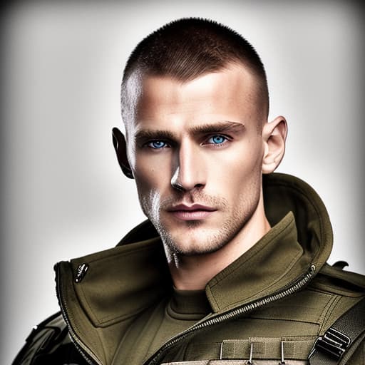 portrait+ style Russian queer sergeant blonde hunk dilf dude face